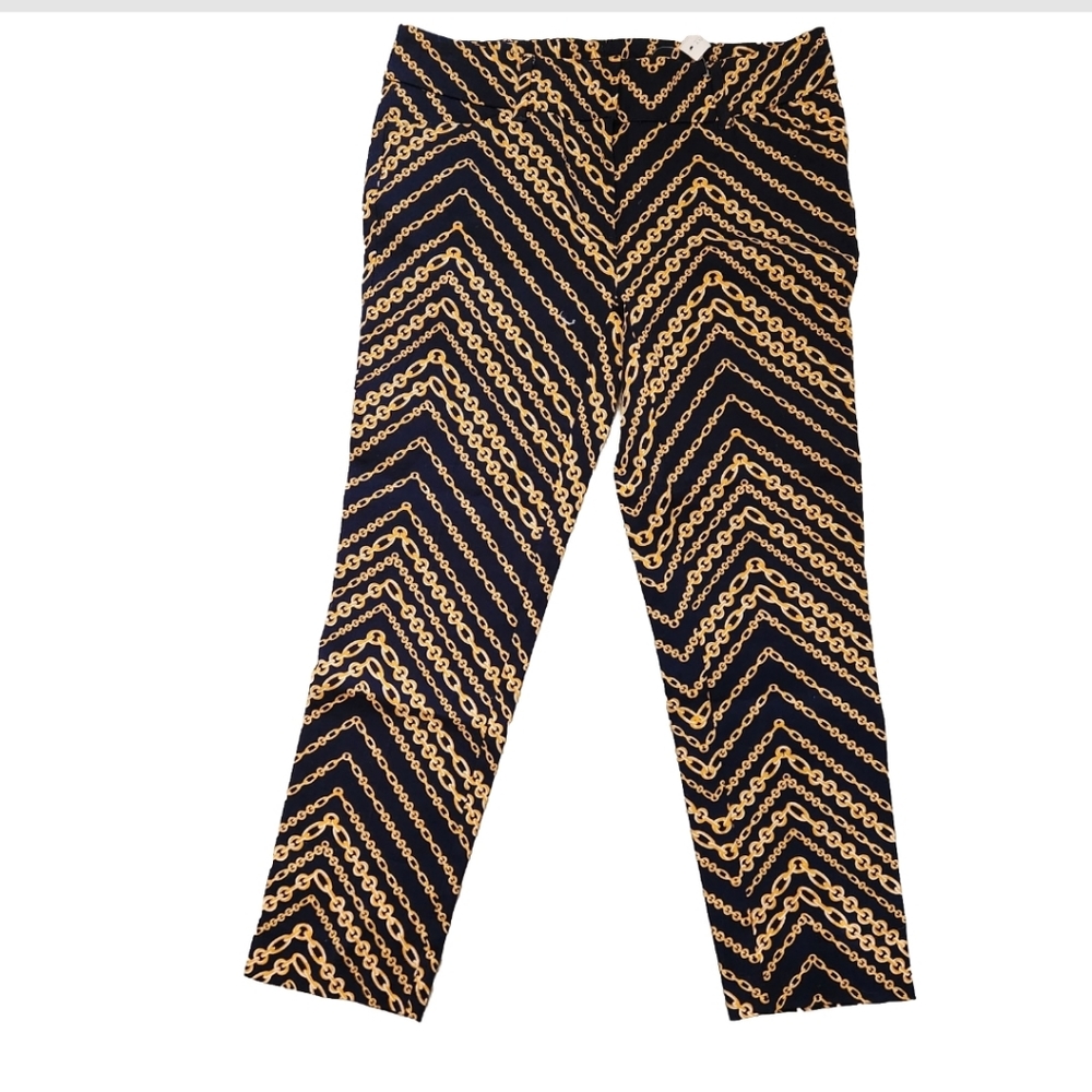 Navy & Gold Chevron Chain Print Cropped Pants – Size 2